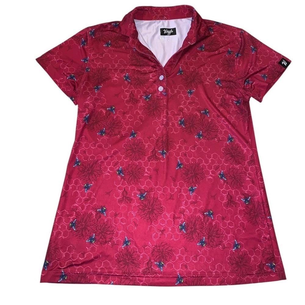 Waggle Queen Bee Polo Shirt M Red Bee Honeycomb Print Golf Activewear Gorpcore